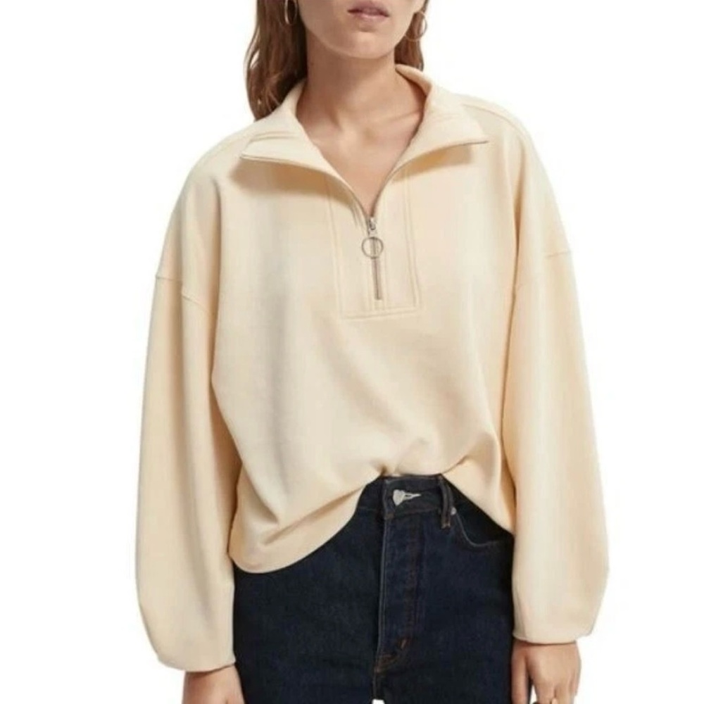 NEW SCOTCH & SODA Half-Zip Long Sleeve Sweatshirt Size S Cream Beige Cropped